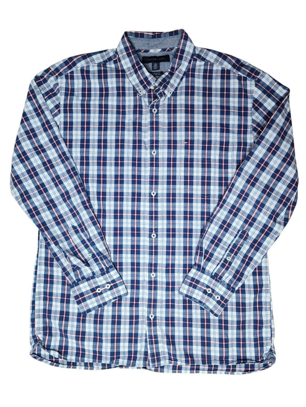 Tommy Hilfiger XL Red Blue White Plaid Custom Designer Button Down Extra Large